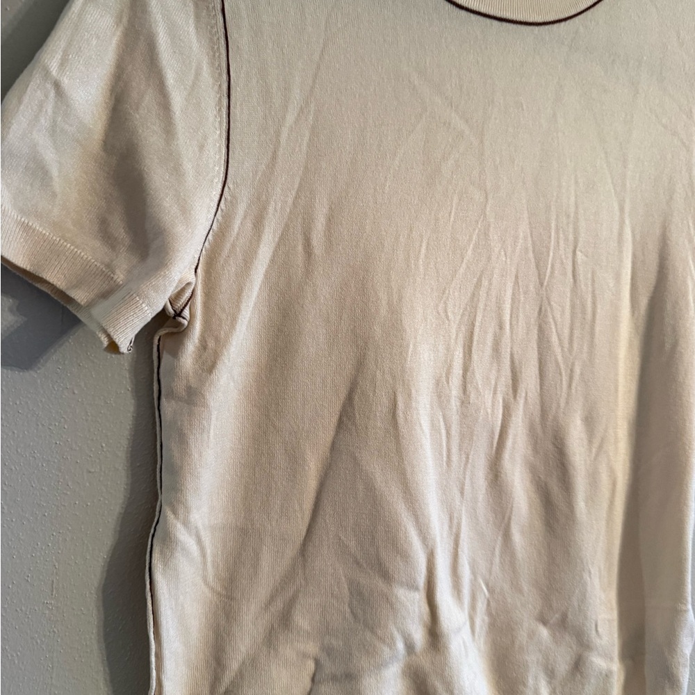 Zara Size Medium Cream Short Sleeve  Knit Top With Dark Stitching - Picture 3 of 4